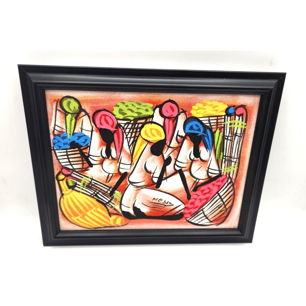 Original Caribbean Painting Market Scene Stretched Canvas Framed Artist Signed